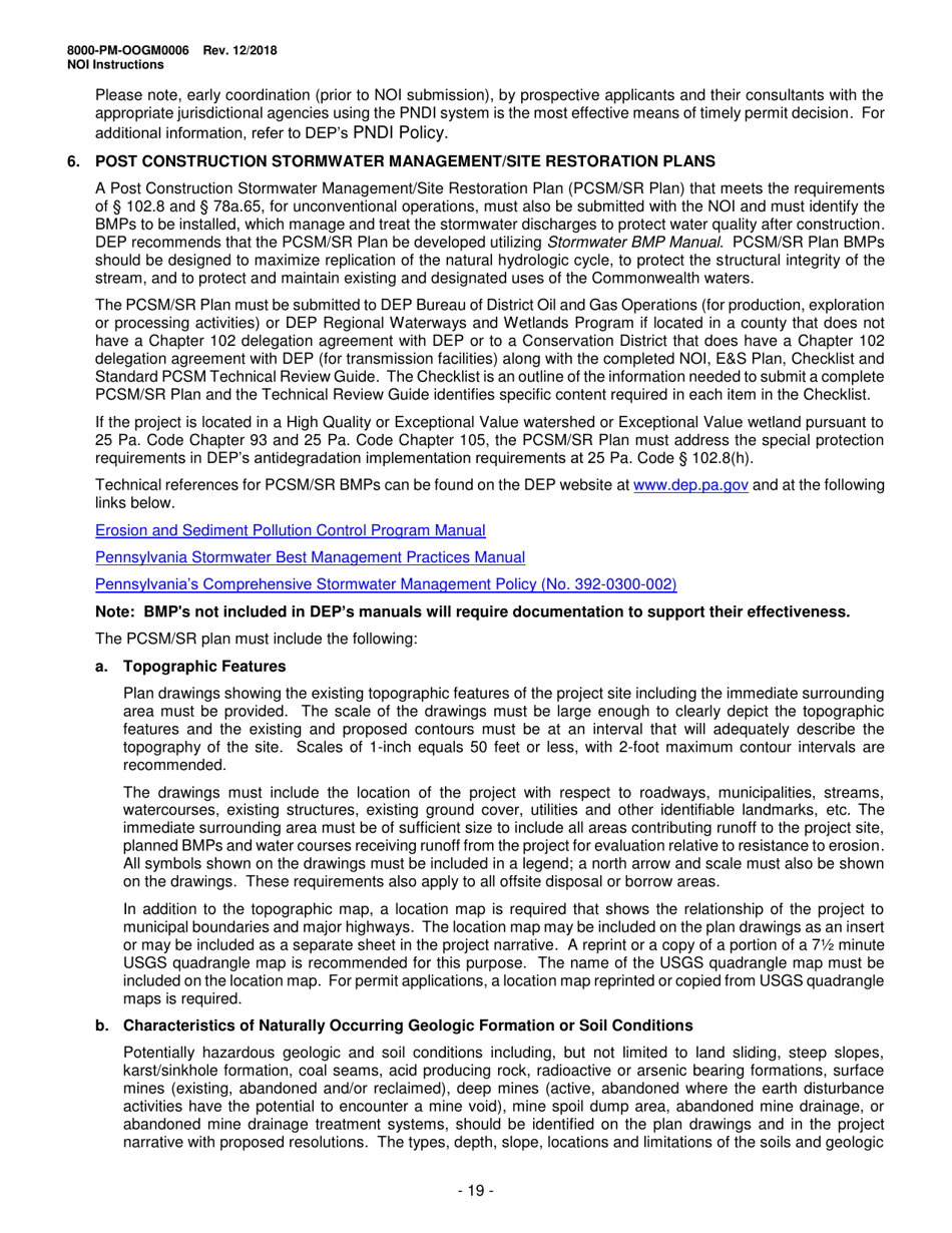 Instructions for Form 8000-PM-OOGM0006 Notice of Intent (Noi) for Coverage Under the Erosion and Sediment Control General Permit (Escgp-3) for Earth Disturbance Associated With Oil and Gas Exploration, Production, Processing, or Treatment Operations or Transmission Facilities - Pennsylvania, Page 19