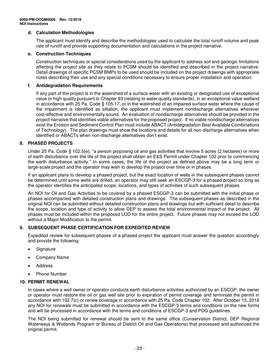 Instructions for Form 8000-PM-OOGM0006 Notice of Intent (Noi) for Coverage Under the Erosion and Sediment Control General Permit (Escgp-3) for Earth Disturbance Associated With Oil and Gas Exploration, Production, Processing, or Treatment Operations or Transmission Facilities - Pennsylvania, Page 23