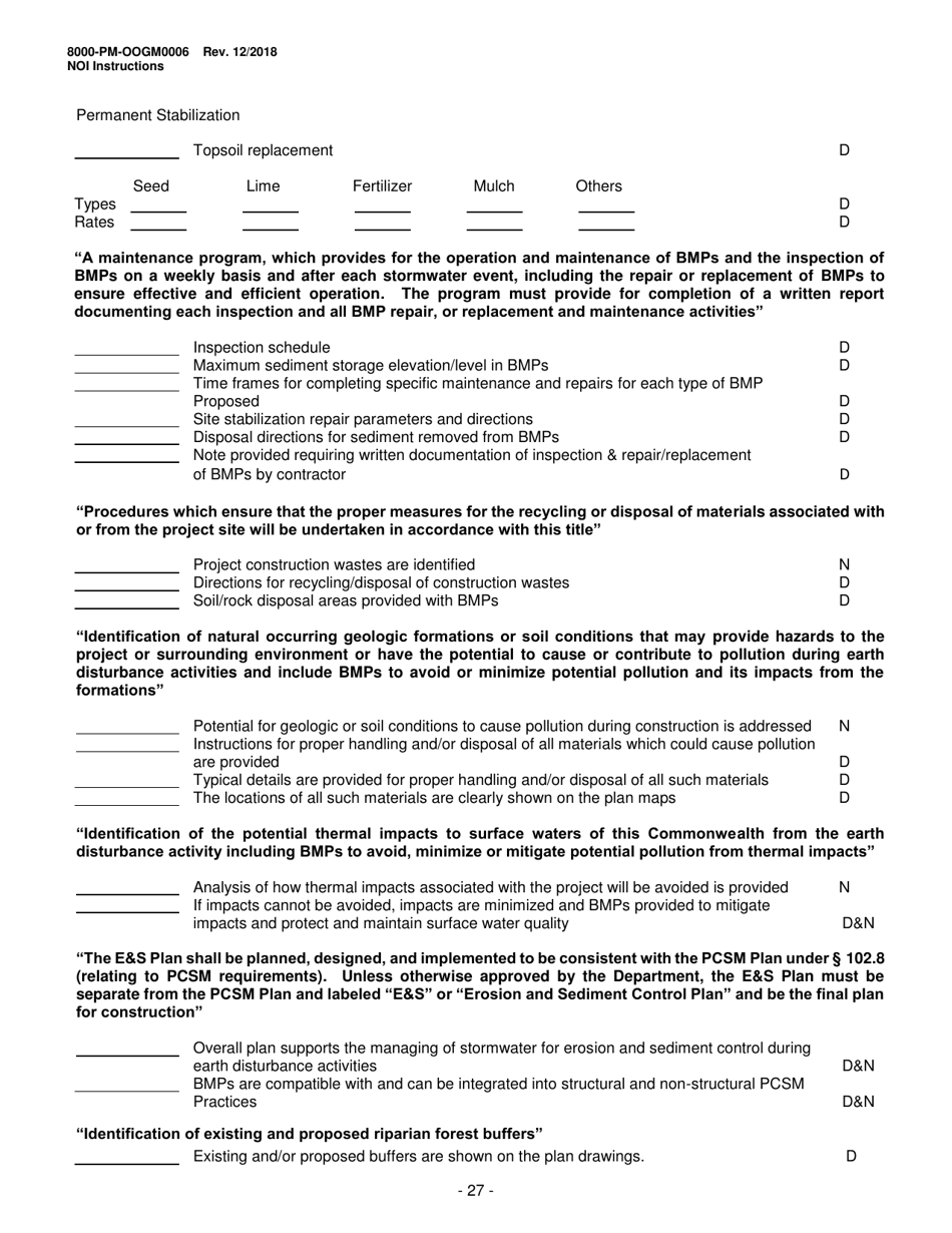 Instructions for Form 8000-PM-OOGM0006 Notice of Intent (Noi) for Coverage Under the Erosion and Sediment Control General Permit (Escgp-3) for Earth Disturbance Associated With Oil and Gas Exploration, Production, Processing, or Treatment Operations or Transmission Facilities - Pennsylvania, Page 27