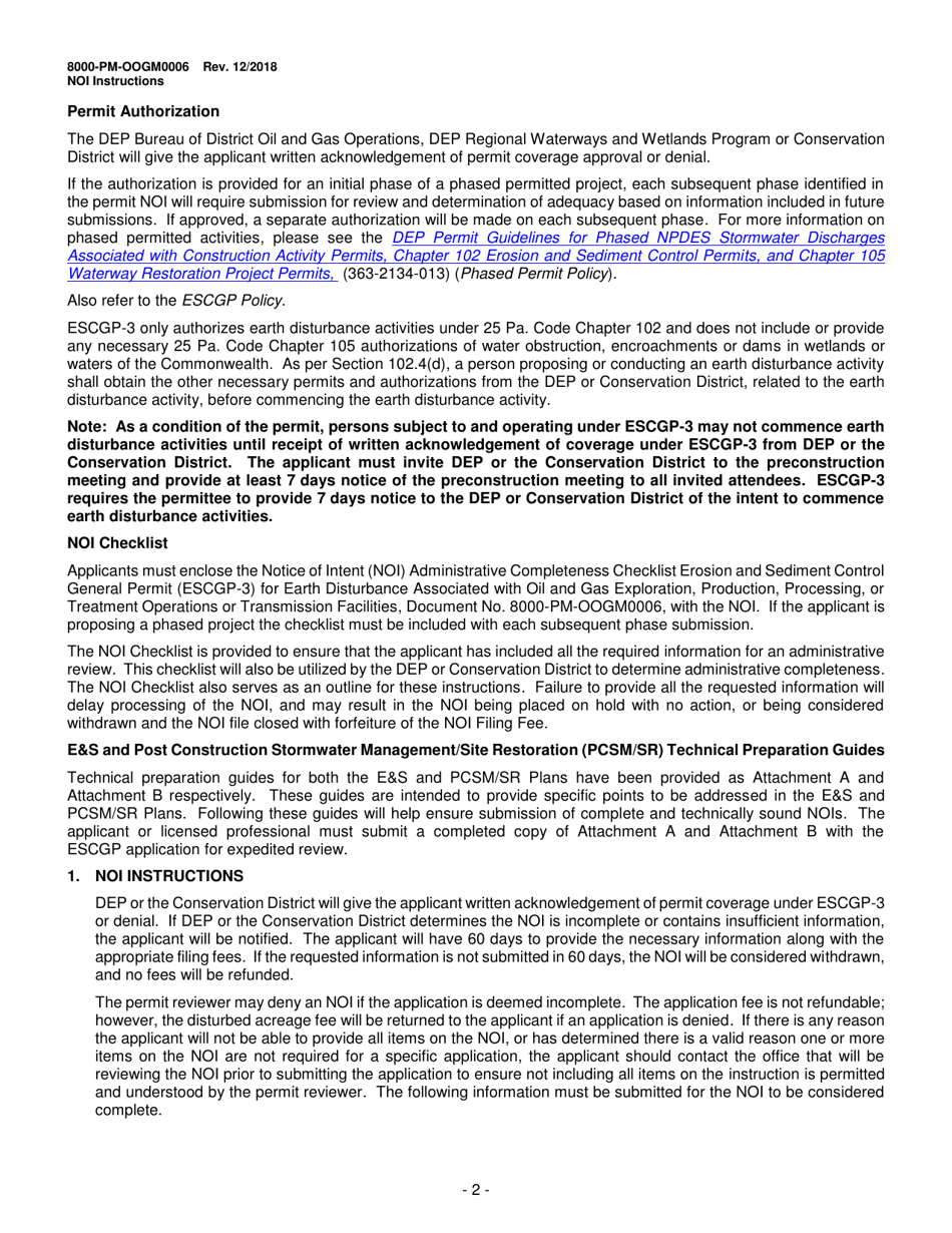 Instructions for Form 8000-PM-OOGM0006 Notice of Intent (Noi) for Coverage Under the Erosion and Sediment Control General Permit (Escgp-3) for Earth Disturbance Associated With Oil and Gas Exploration, Production, Processing, or Treatment Operations or Transmission Facilities - Pennsylvania, Page 2