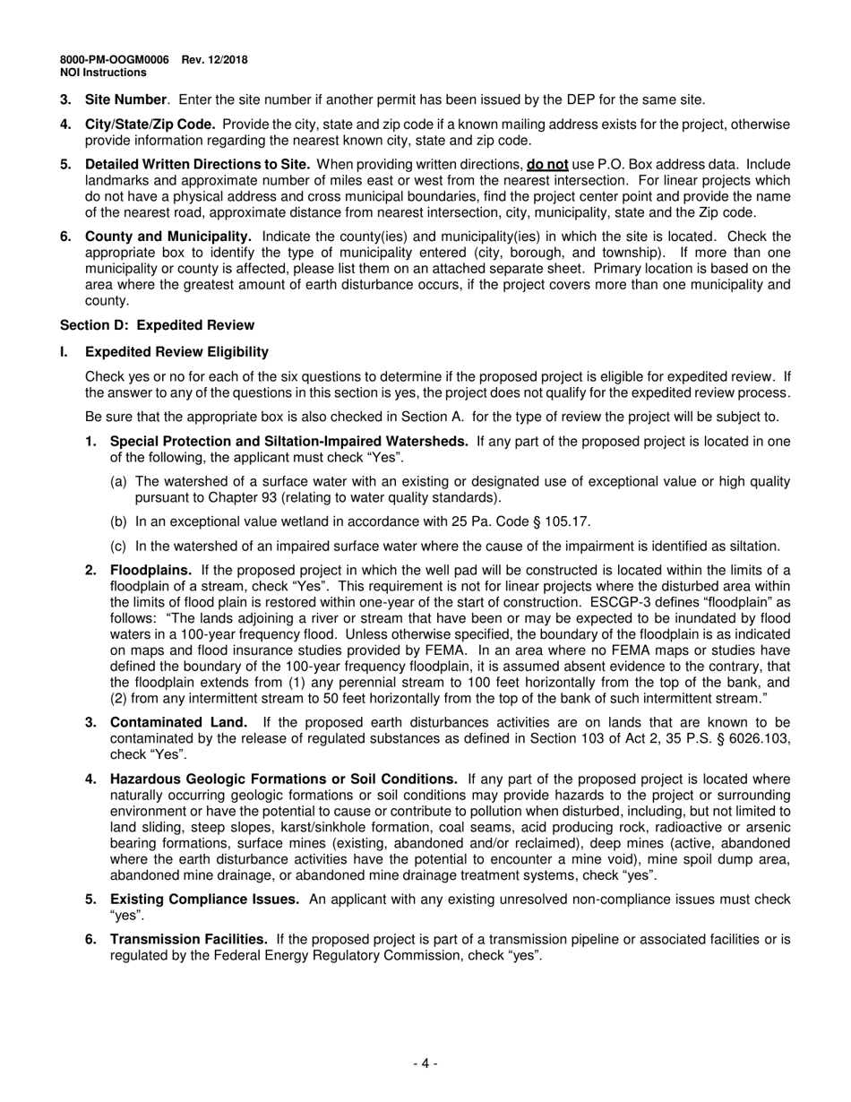 Instructions for Form 8000-PM-OOGM0006 Notice of Intent (Noi) for Coverage Under the Erosion and Sediment Control General Permit (Escgp-3) for Earth Disturbance Associated With Oil and Gas Exploration, Production, Processing, or Treatment Operations or Transmission Facilities - Pennsylvania, Page 4