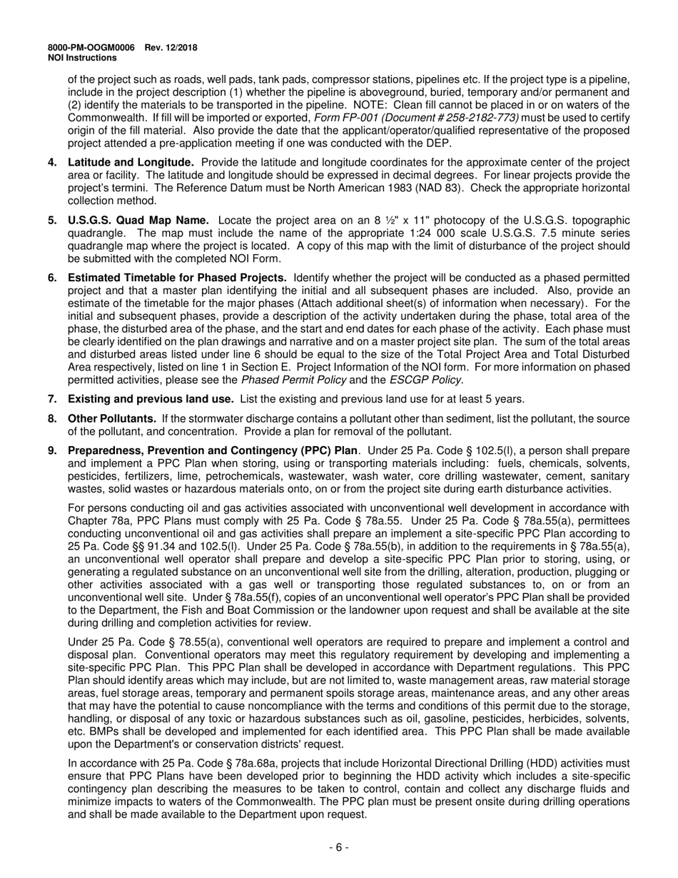 Instructions for Form 8000-PM-OOGM0006 Notice of Intent (Noi) for Coverage Under the Erosion and Sediment Control General Permit (Escgp-3) for Earth Disturbance Associated With Oil and Gas Exploration, Production, Processing, or Treatment Operations or Transmission Facilities - Pennsylvania, Page 6