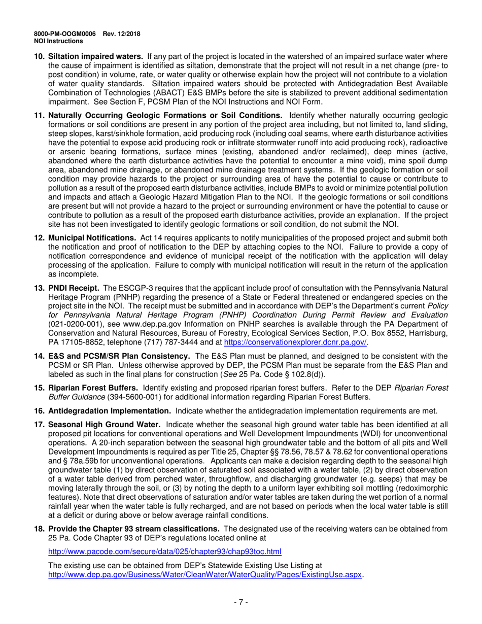 Instructions for Form 8000-PM-OOGM0006 Notice of Intent (Noi) for Coverage Under the Erosion and Sediment Control General Permit (Escgp-3) for Earth Disturbance Associated With Oil and Gas Exploration, Production, Processing, or Treatment Operations or Transmission Facilities - Pennsylvania, Page 7