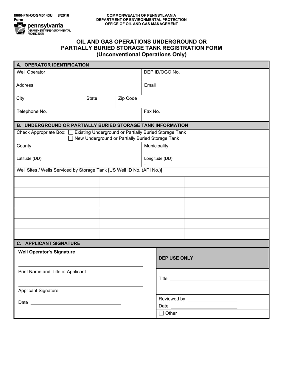 Form 8000-FM-OOGM0143U Oil and Gas Operations Underground or Partially Buried Storage Tank Registration Form (Unconventional Operations Only) - Pennsylvania, Page 1