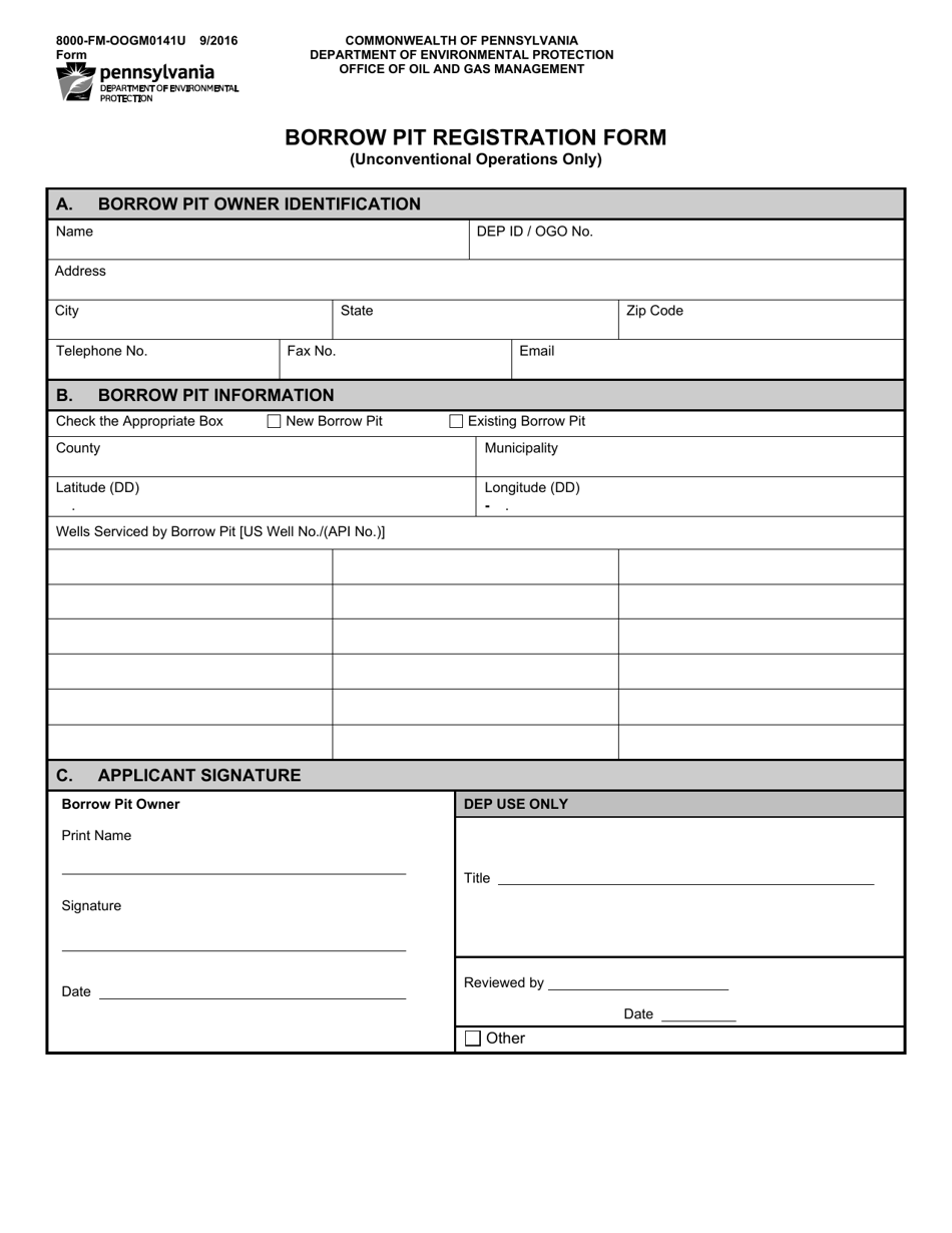 Form 8000-FM-OOGM0141U Borrow Pit Registration Form (Unconventional Operations Only) - Pennsylvania, Page 1