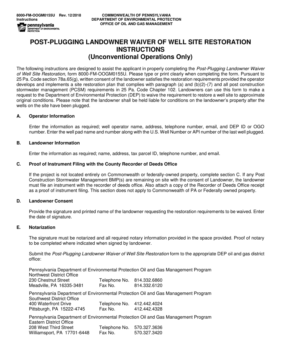 Instructions for Form 8000-FM-OOGM0155U Post-plugging Landowner Waiver of Well Site Restoration (Unconventional Operations Only) - Pennsylvania, Page 1