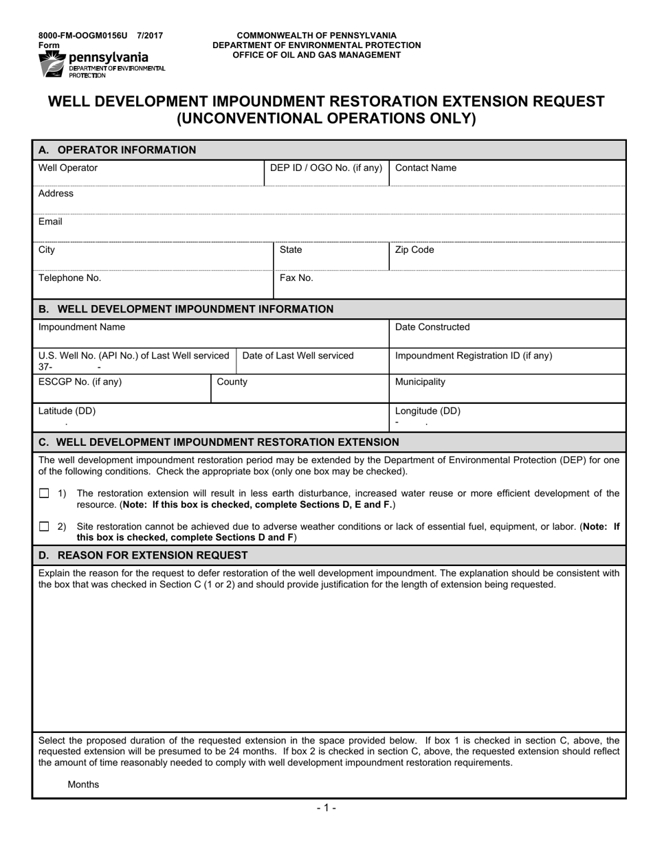 Form 8000-FM-OOGM0156U Well Development Impoundment Restoration Extension Request (Unconventional Operations Only) - Pennsylvania, Page 1