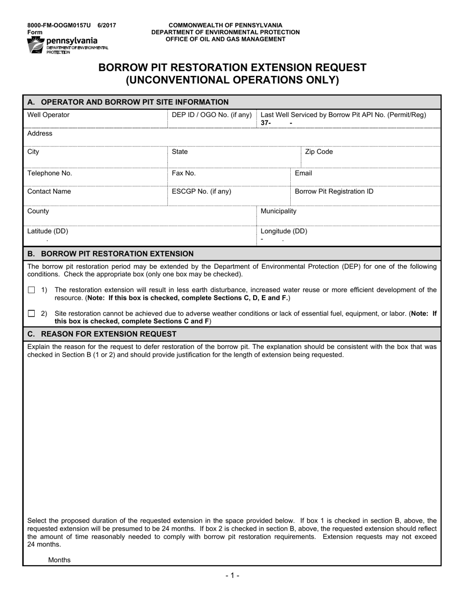 Form 8000-FM-OOGM0157U Borrow Pit Restoration Extension Request (Unconventional Operations Only) - Pennsylvania, Page 1