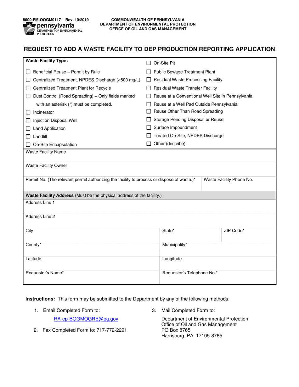 Form 8000-FM-OOGM0117 Request to Add a Waste Facility to DEP Production Reporting Application - Pennsylvania, Page 1
