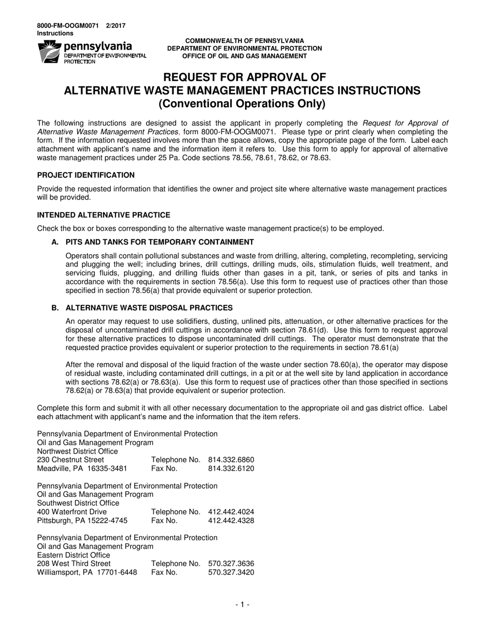 Instructions for Form 8000-FM-OOGM0071 Request for Approval of Alternative Waste Management Practices (Conventional Operations Only) - Pennsylvania, Page 1