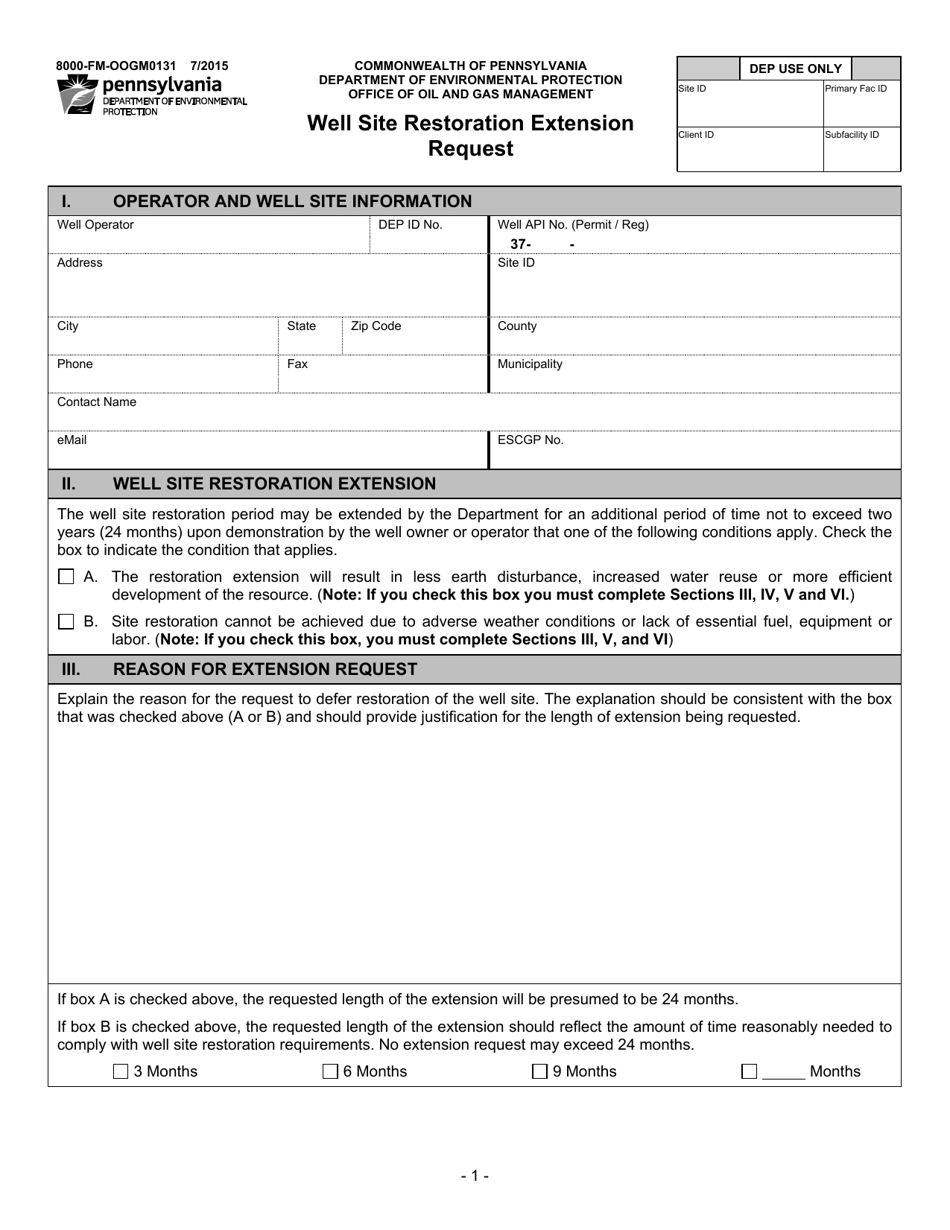 Form 8000-FM-OOGM0131 Well Site Restoration Extension Request - Pennsylvania, Page 1
