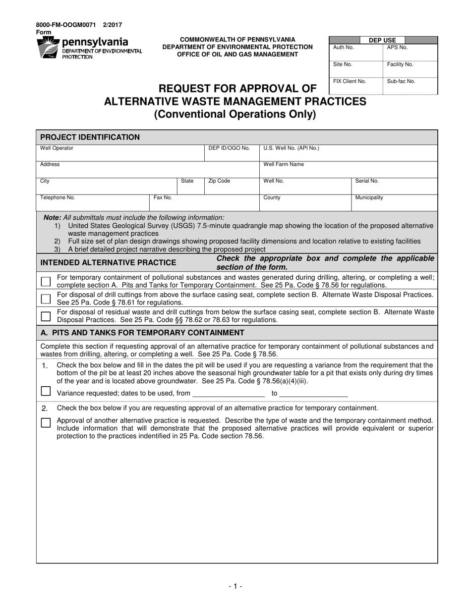 Form 8000-FM-OOGM0071 Request for Approval of Alternative Waste Management Practices (Conventional Operations Only) - Pennsylvania, Page 1