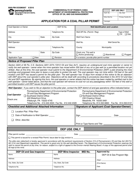 Form 8000-PM-OOGM0007 Application for a Coal Pillar Permit - Pennsylvania