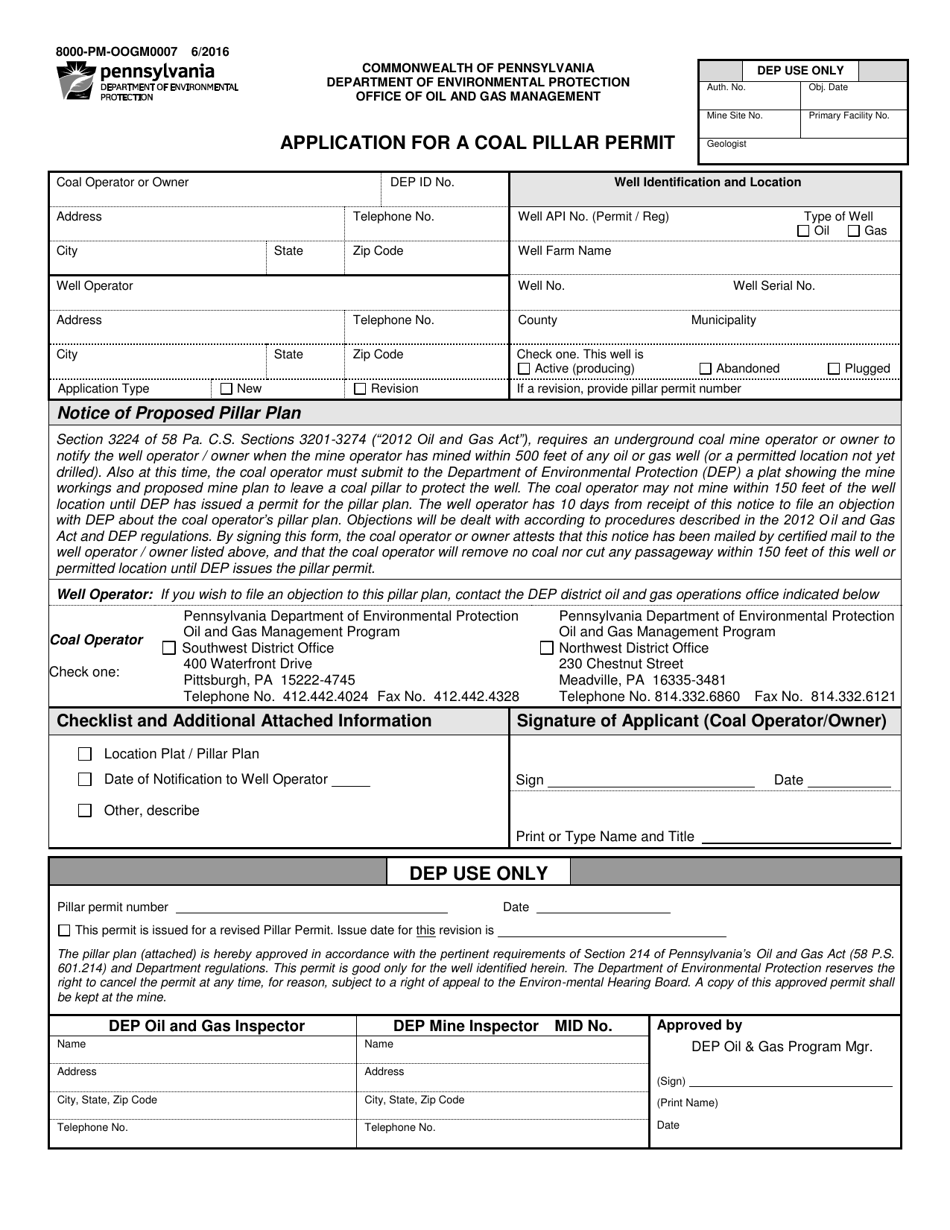 Form 8000-PM-OOGM0007 Application for a Coal Pillar Permit - Pennsylvania, Page 1