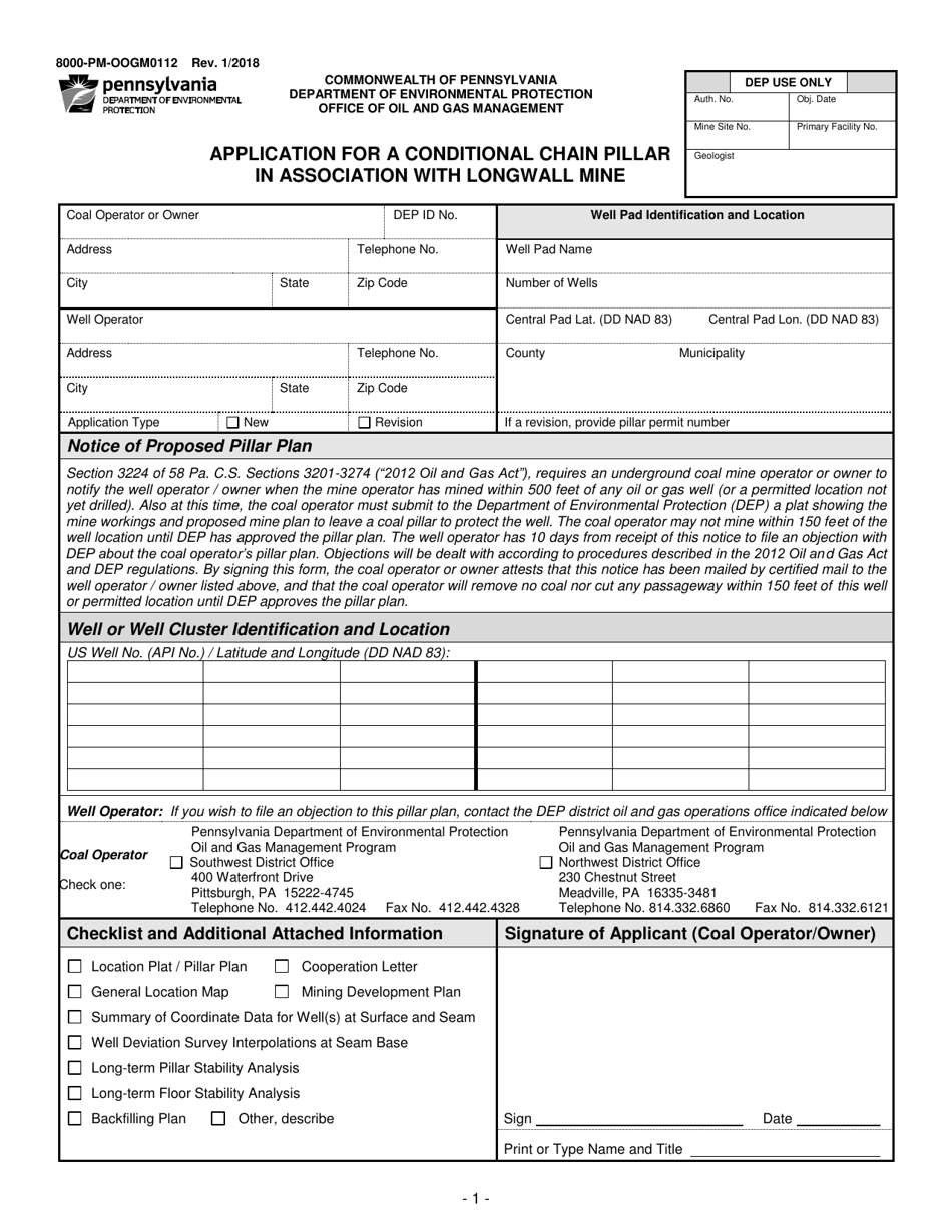 Form 8000-PM-OOGM0112 Application for a Conditional Chain Pillar in Association With Longwall Mine - Pennsylvania, Page 1