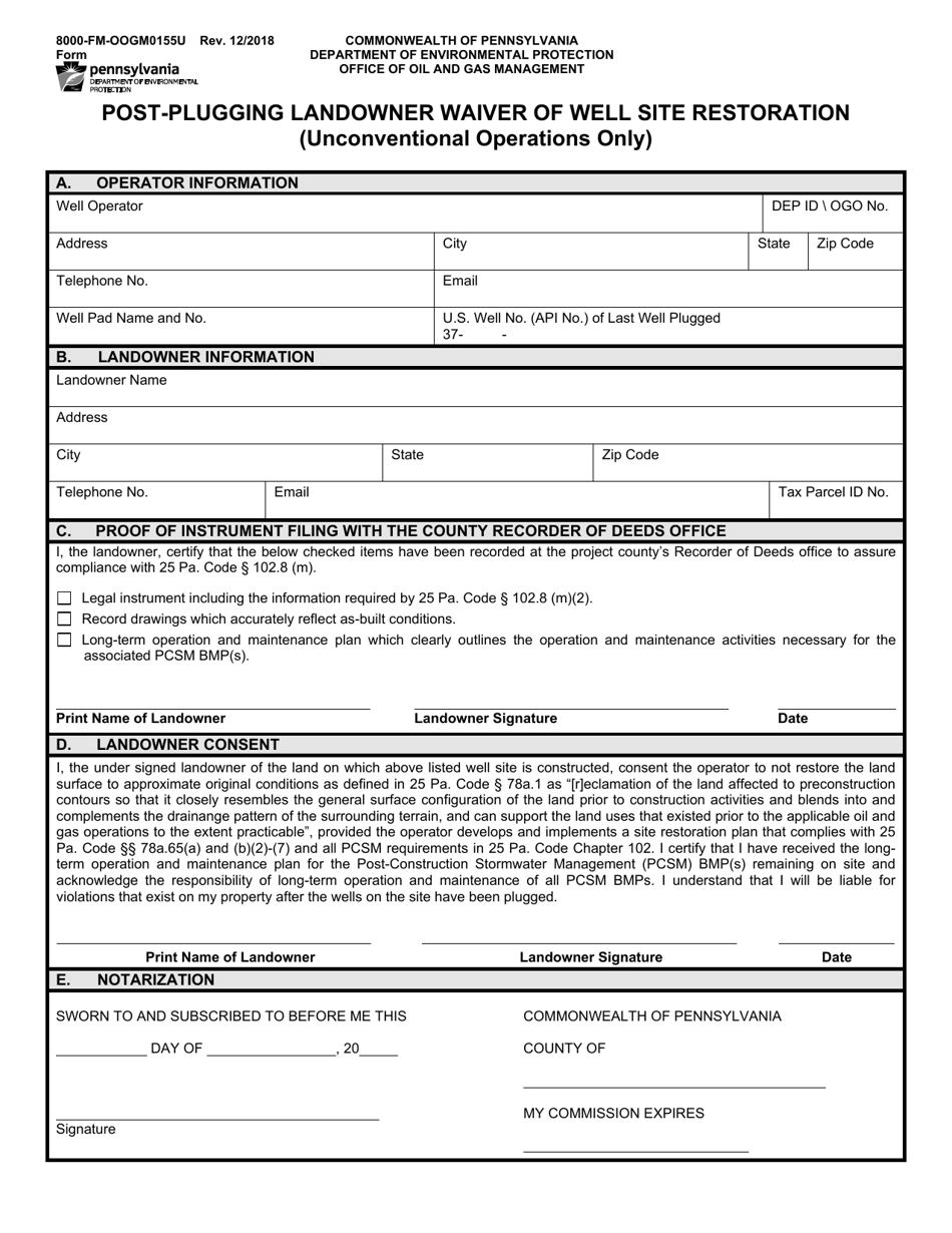 Form 8000-FM-OOGM0155U Post-plugging Landowner Waiver of Well Site Restoration (Unconventional Operations Only) - Pennsylvania, Page 1