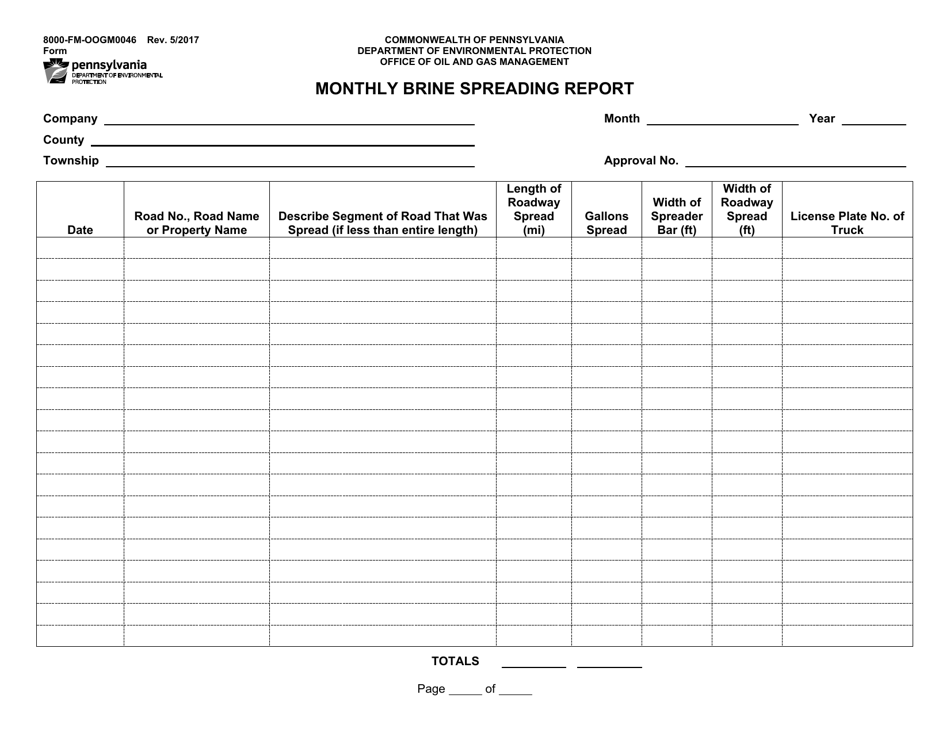 Form 8000-FM-OOGM0046 Monthly Brine Spreading Report - Pennsylvania, Page 1