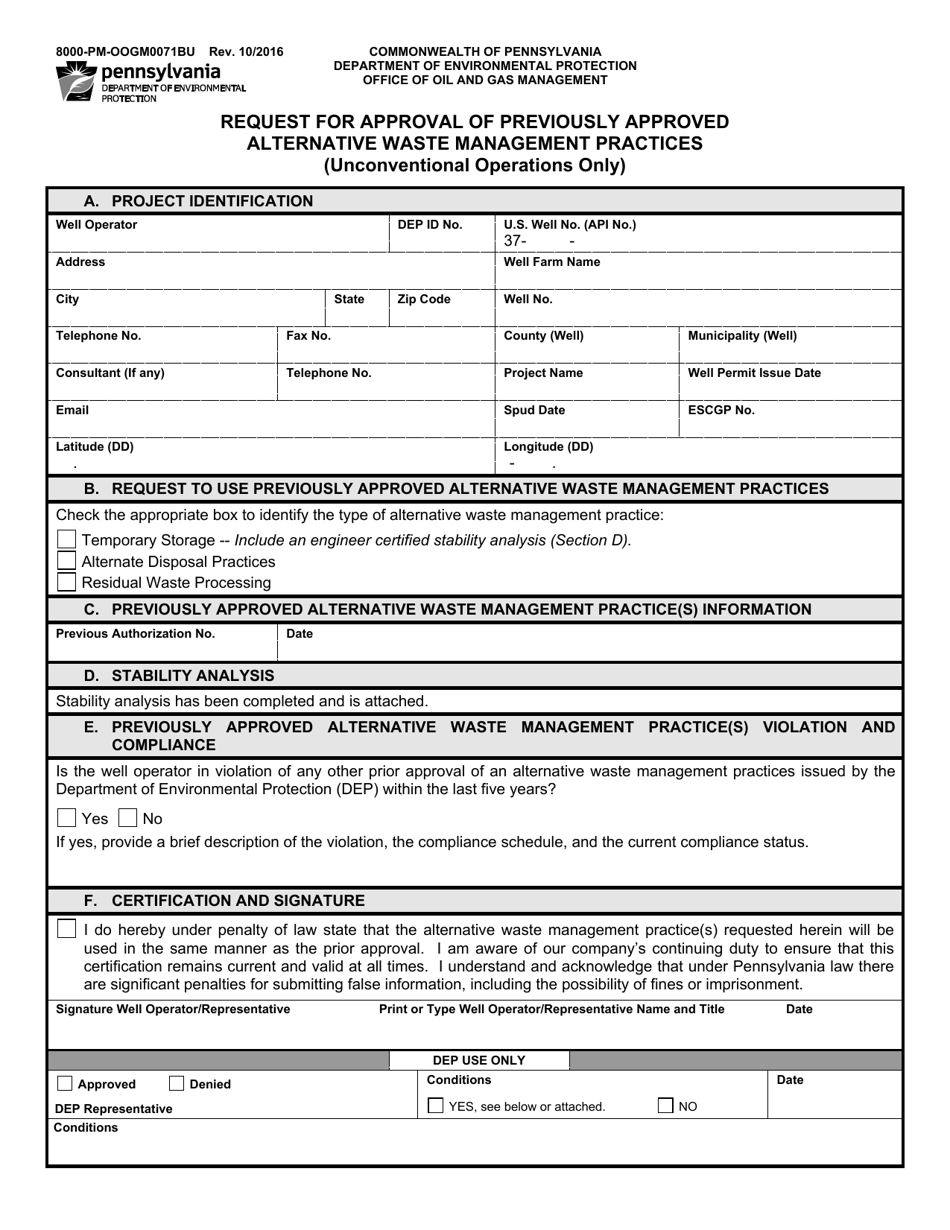 Form 8000-PM-OOGM0071BU Request for Approval of Previously Approved Alternative Waste Management Practices (Unconventional Operations Only) - Pennsylvania, Page 1
