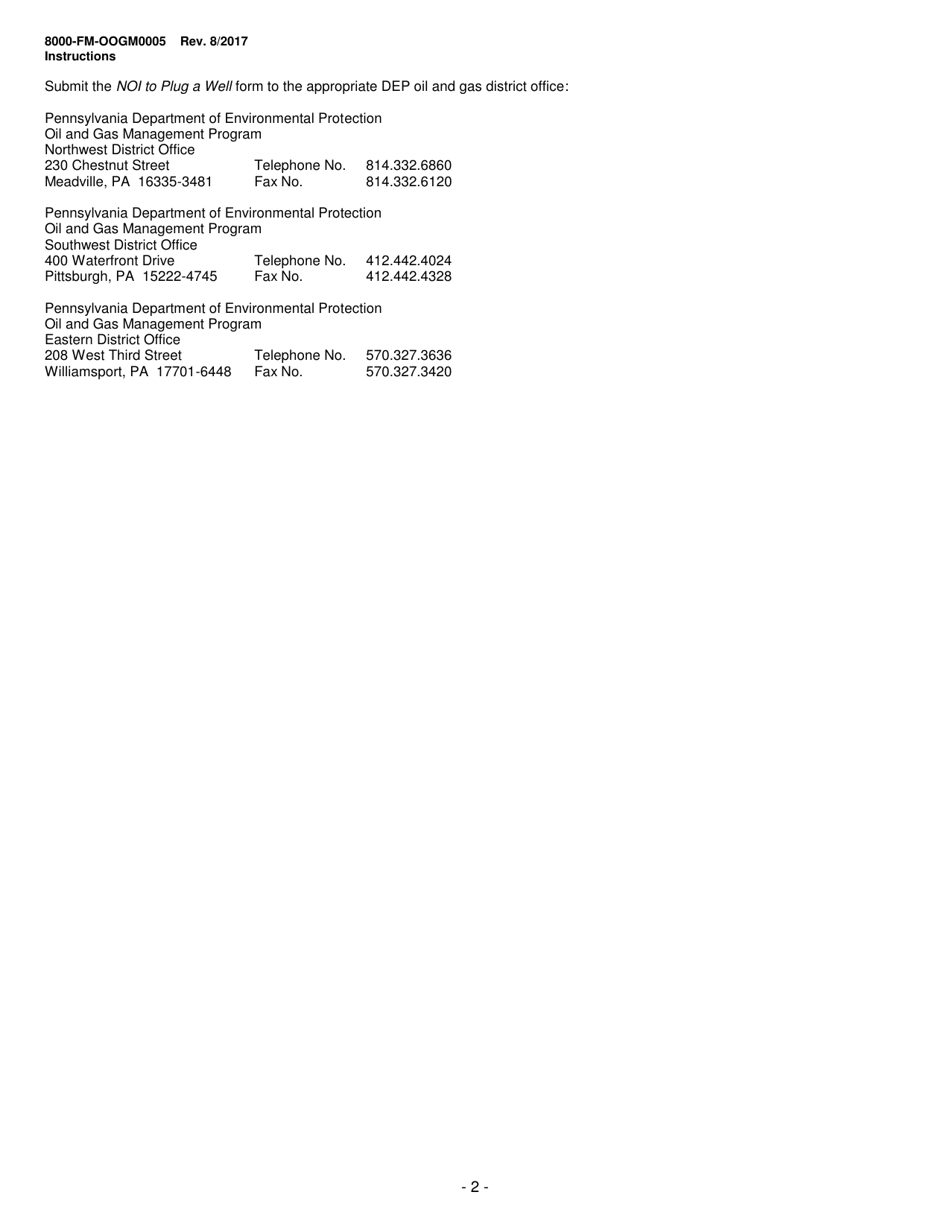 Instructions for Form 8000-FM-OOGM0005 Notice of Intention by Well Operator to Plug a Well - Pennsylvania, Page 2