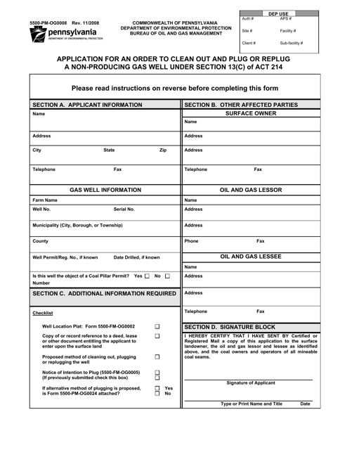 Form 5500-PM-OG0008 Application for an Order to Clean out and Plug or Replug a Non-producing Gas Well Under Section 12(C) of Act 214 - Pennsylvania