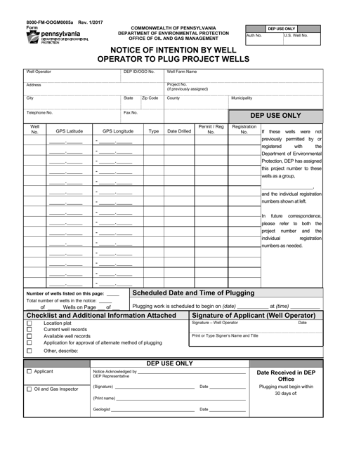 Form 8000-FM-OOGM0005A Notice of Intention by Well Operator to Plug Project Wells - Pennsylvania