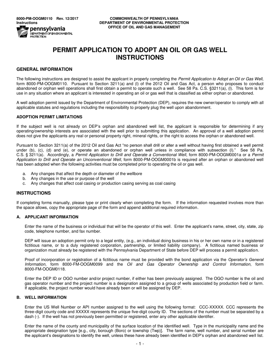 Instructions for Form 8000-PM-OOGM0110 Permit Application to Adopt an Oil or Gas Well - Pennsylvania, Page 1
