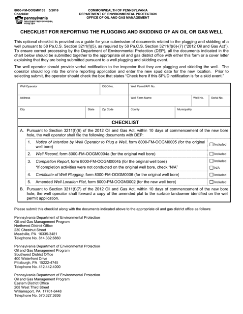 Form 8000-FM-OOGM0135 Checklist for Reporting the Plugging and Skidding of an Oil or Gas Well - Pennsylvania