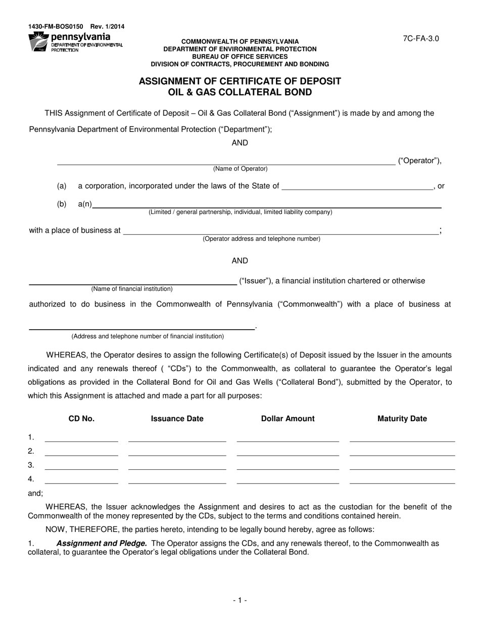 Form 1430-FM-BOS0150 Assignment of Certificate of Deposit Oil  Gas Collateral Bond - Pennsylvania, Page 1