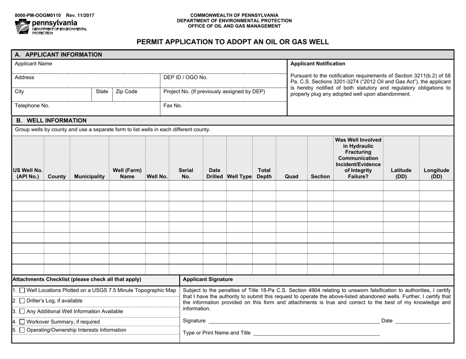 Form 8000-PM-OOGM0110 Permit Application to Adopt an Oil or Gas Well - Pennsylvania, Page 1