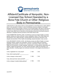 Affidavit/Certificate of Nonpublic, Non-licensed Day School Operated by a Bona Fide Church or Other Religious Body in Pennsylvania - Pennsylvania