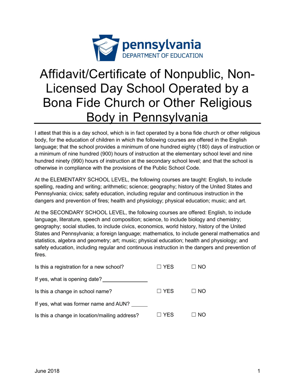 Affidavit / Certificate of Nonpublic, Non-licensed Day School Operated by a Bona Fide Church or Other Religious Body in Pennsylvania - Pennsylvania, Page 1