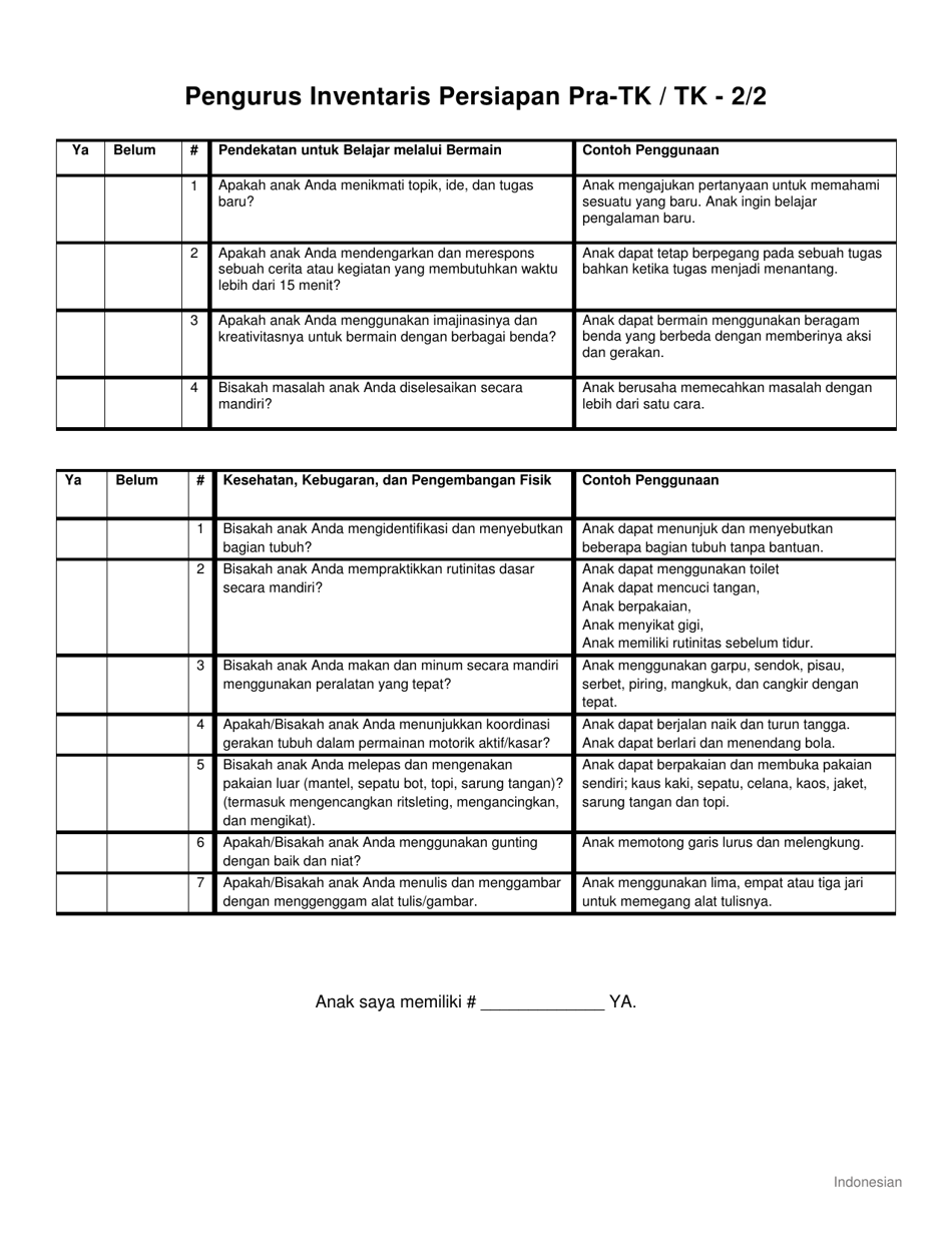 Pre-k / Kindergarten Preparation Inventory Caretakers - Pennsylvania (Indonesian (Bahasa Indonesia)), Page 2
