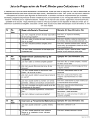 Lista De Preparacion De Pre-k/Kinder Para Cuidadores - Pennsylvania (Spanish)