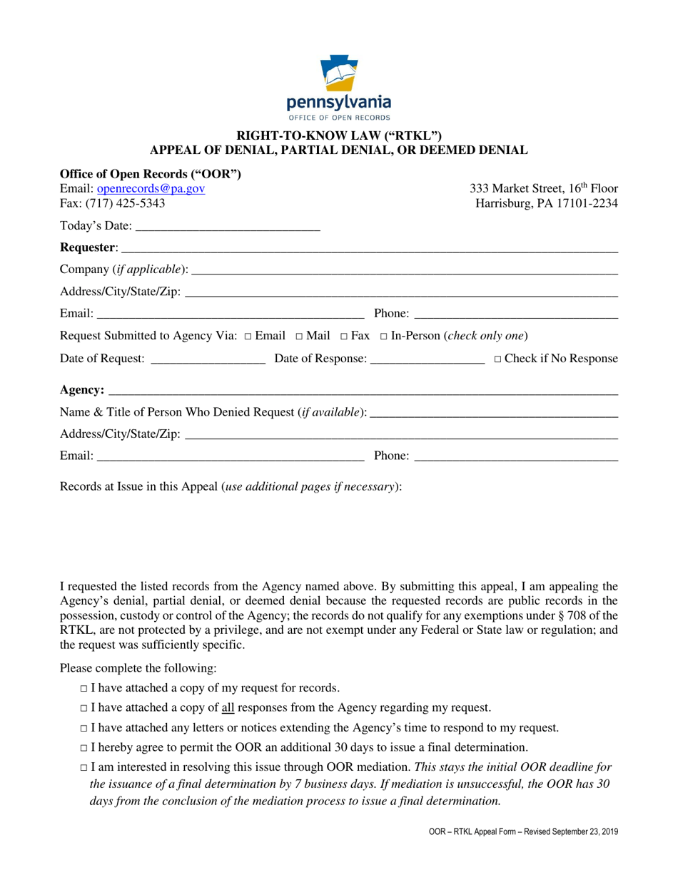 Right-To-Know Law (rtkl) Appeal of Denial, Partial Denial, or Deemed Denial - Pennsylvania, Page 1