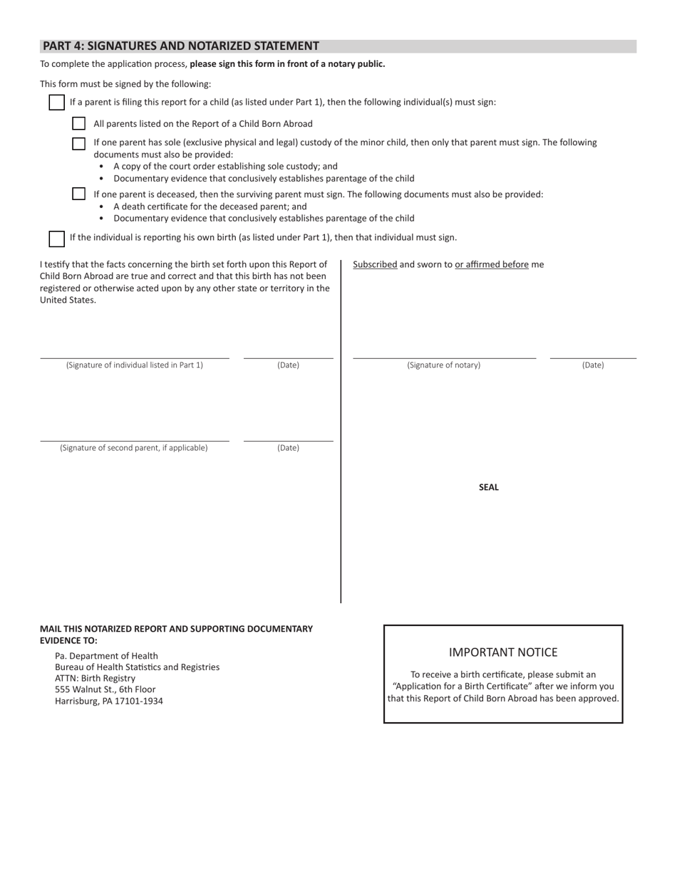 Form HD002001 Report of a Child Born Abroad - Pennsylvania, Page 2