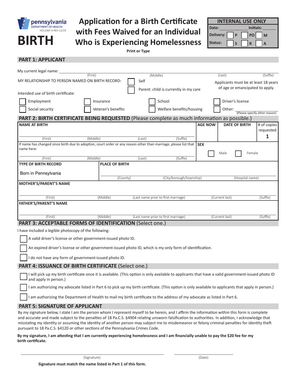 Form HD1106F-H Application for a Birth Certificate With Fees Waived for an Individual Who Is Experiencing Homelessness - Pennsylvania, Page 1