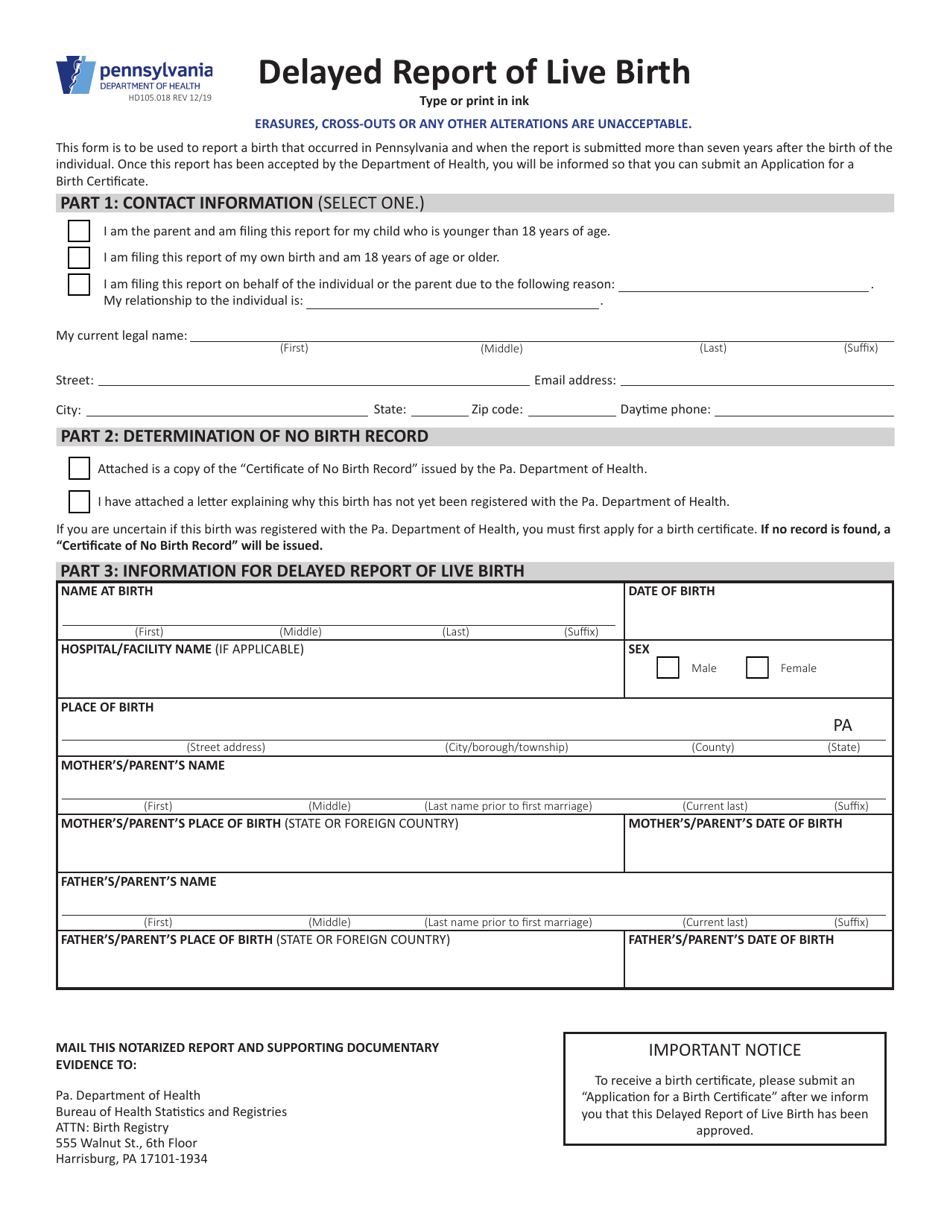 Form HD105.018 Delayed Report of Live Birth - Pennsylvania, Page 1