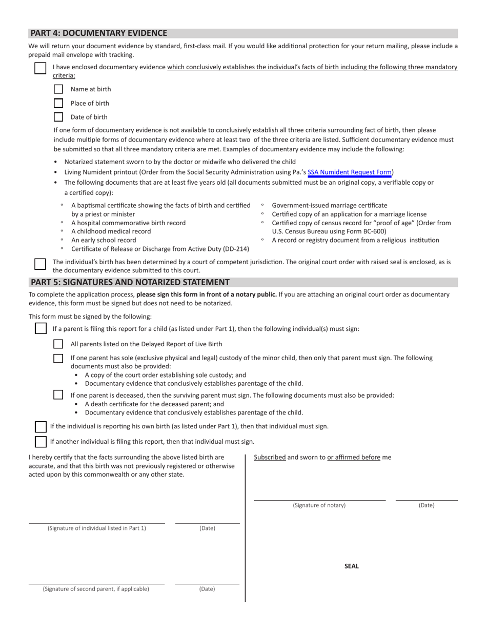 Form HD105.018 Delayed Report of Live Birth - Pennsylvania, Page 2