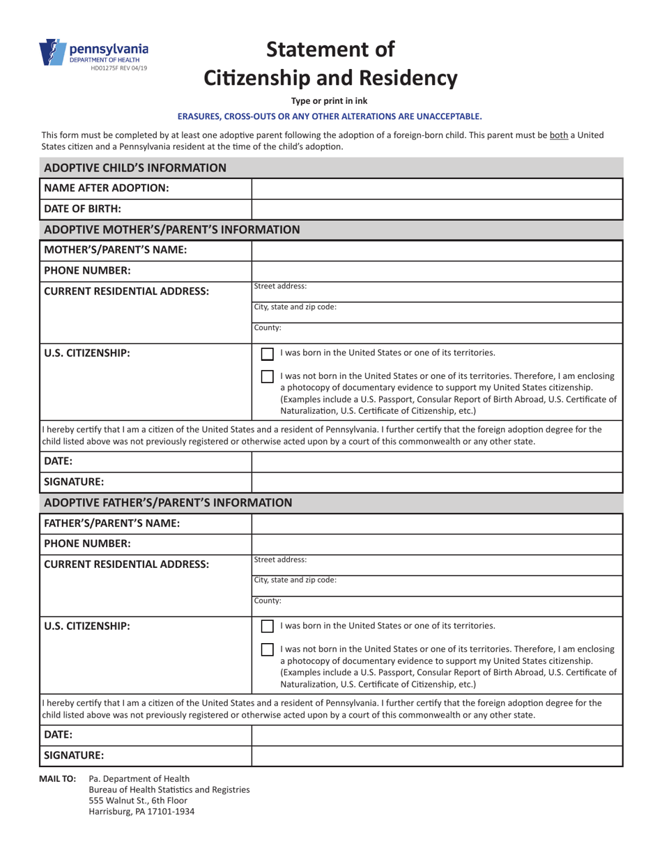 Form HD01275F Statement of Citizenship and Residency - Pennsylvania, Page 1