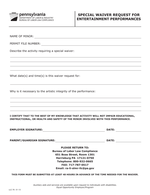 Form LLC-76 Special Waiver Request for Entertainment Performances - Pennsylvania