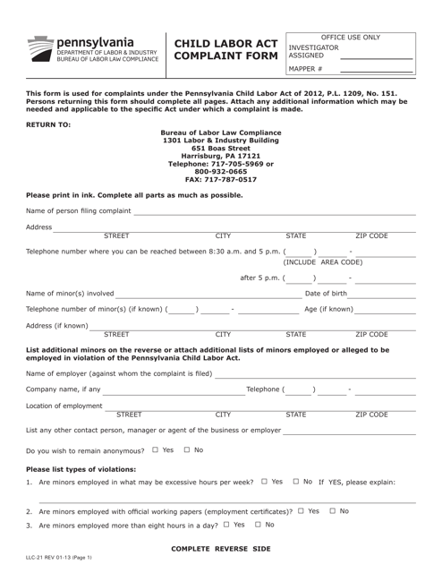 Form LLC-21 Child Labor Act Complaint Form - Pennsylvania