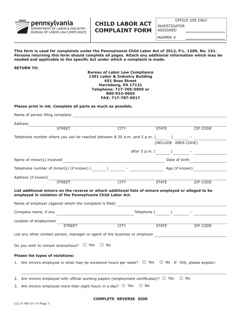 Form LLC-21 Child Labor Act Complaint Form - Pennsylvania, Page 1