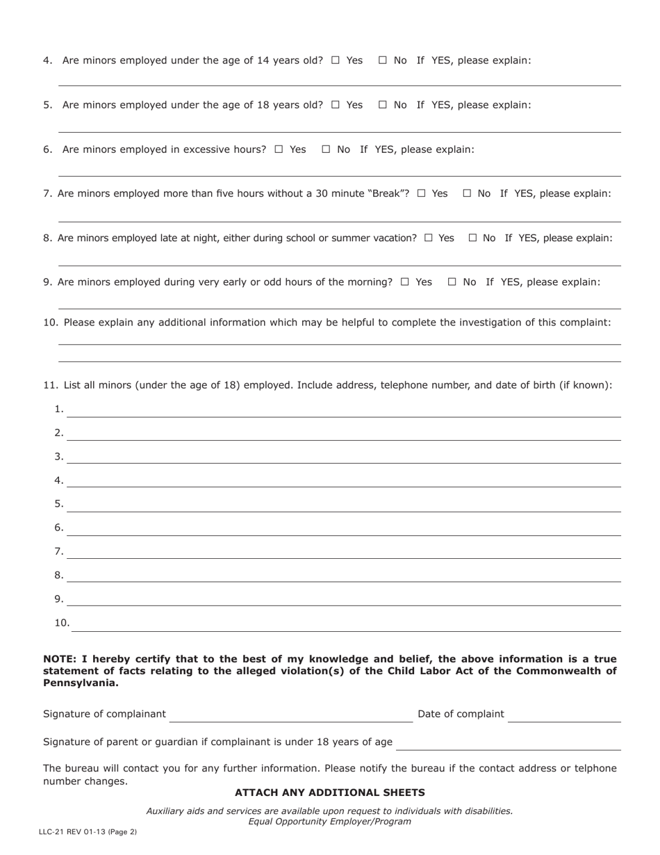 Form LLC-21 Child Labor Act Complaint Form - Pennsylvania, Page 2