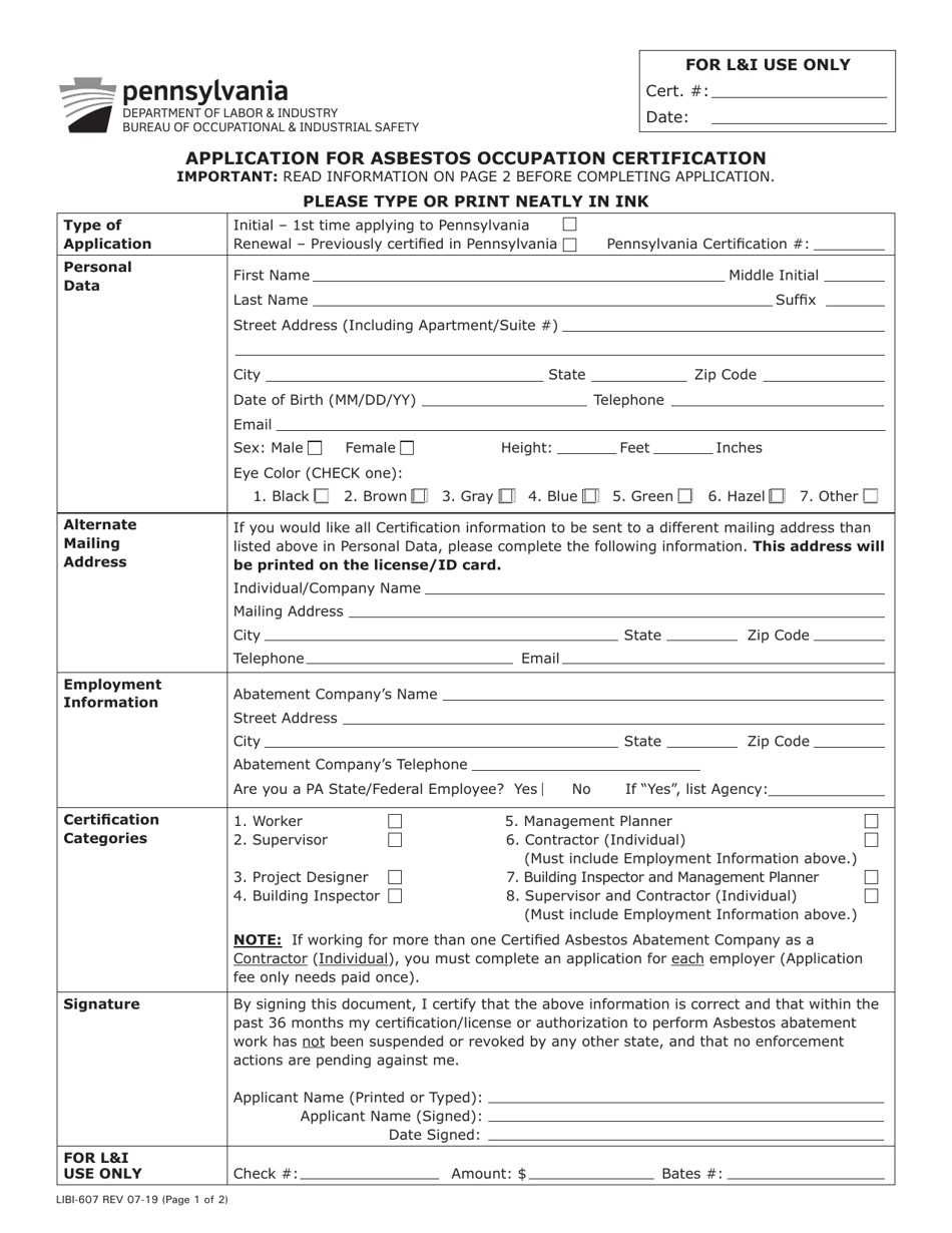Form LIBI-607 Application for Asbestos Occupation Certification - Pennsylvania, Page 1