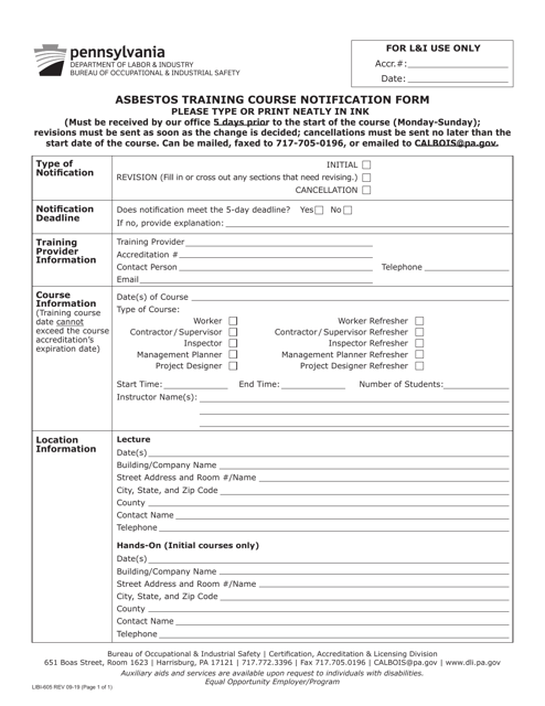 Form LIBI-605 Asbestos Training Course Notification Form - Pennsylvania