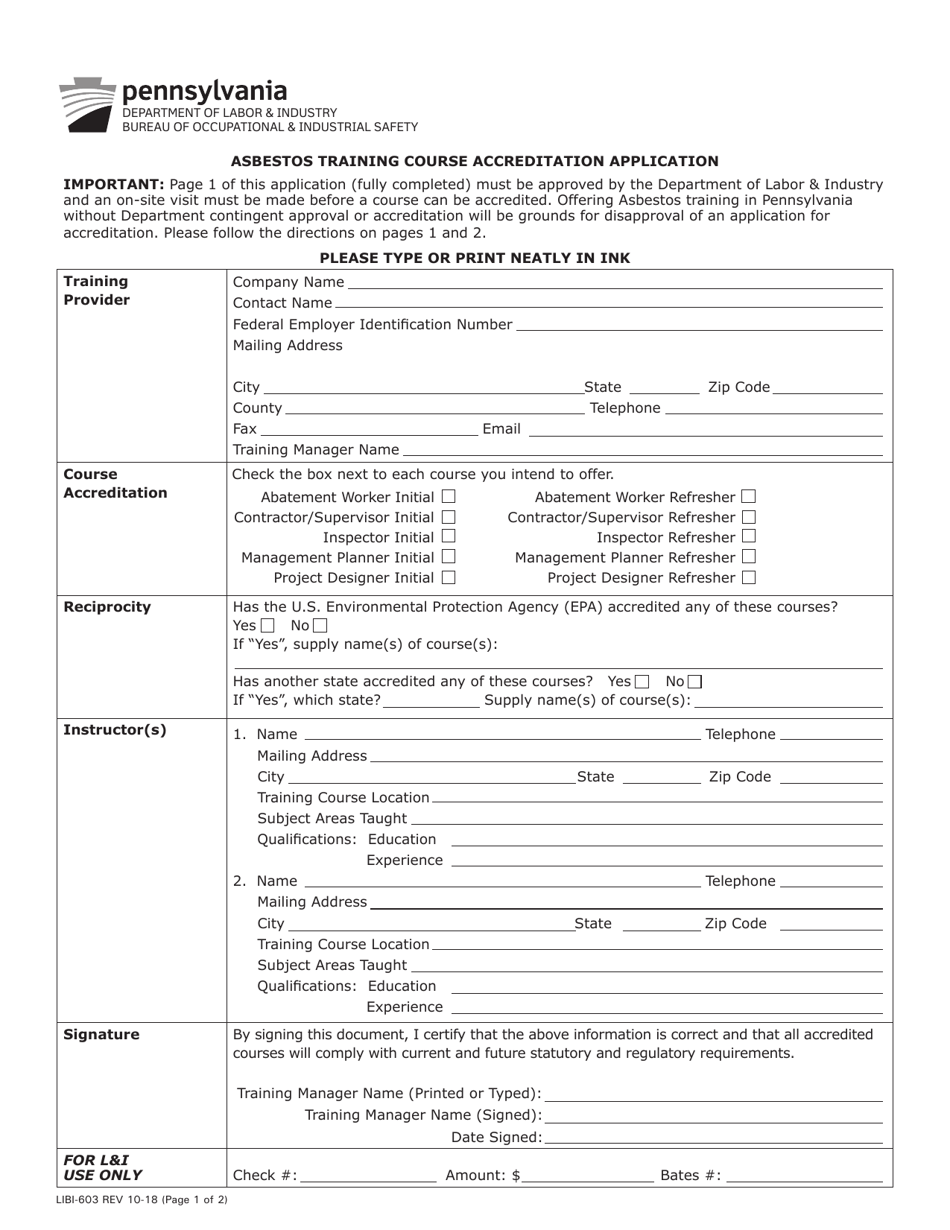 Form LIBI-603 Asbestos Training Course Accreditation Application - Pennsylvania, Page 1