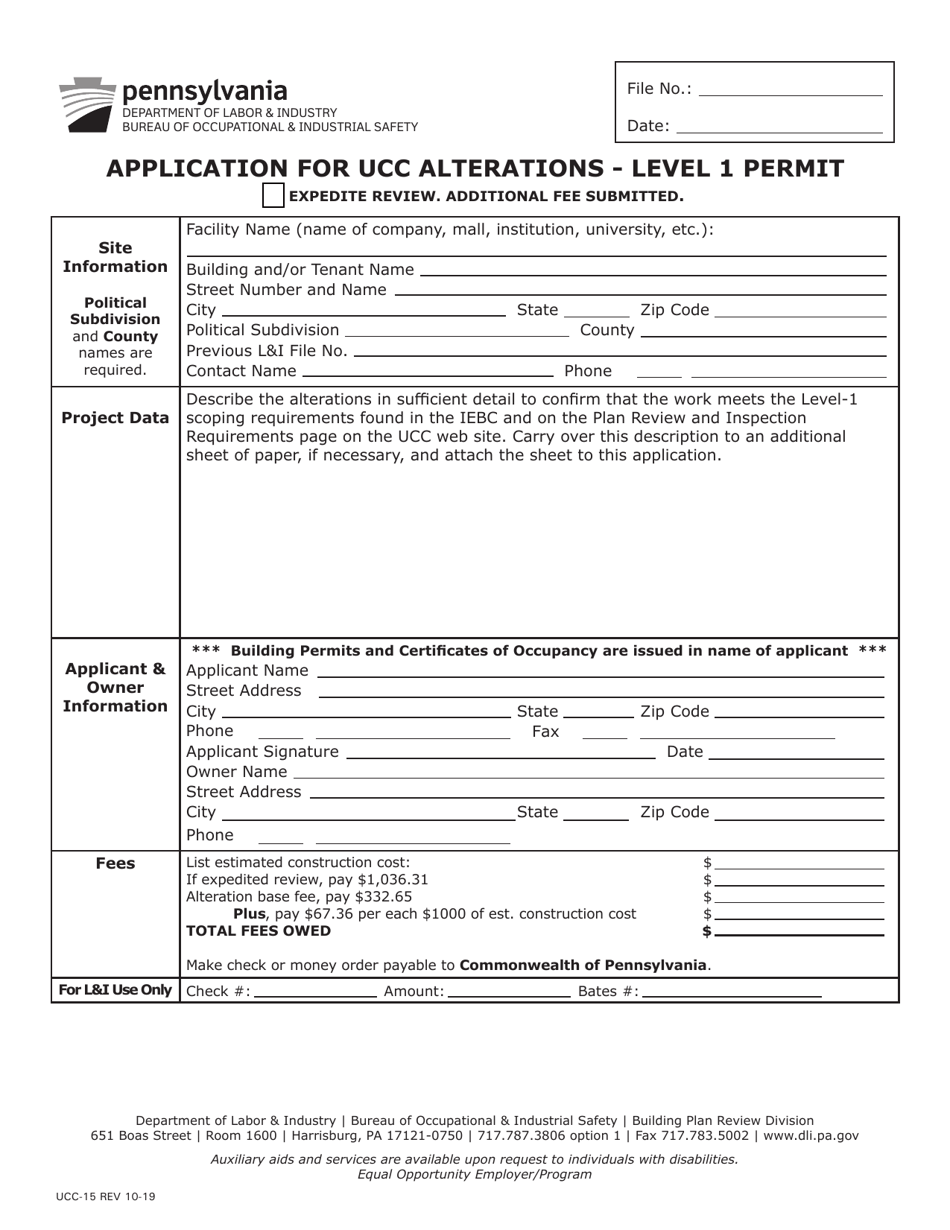 Form UCC-15 Application for Ucc Alterations - Level 1 Permit - Pennsylvania, Page 1