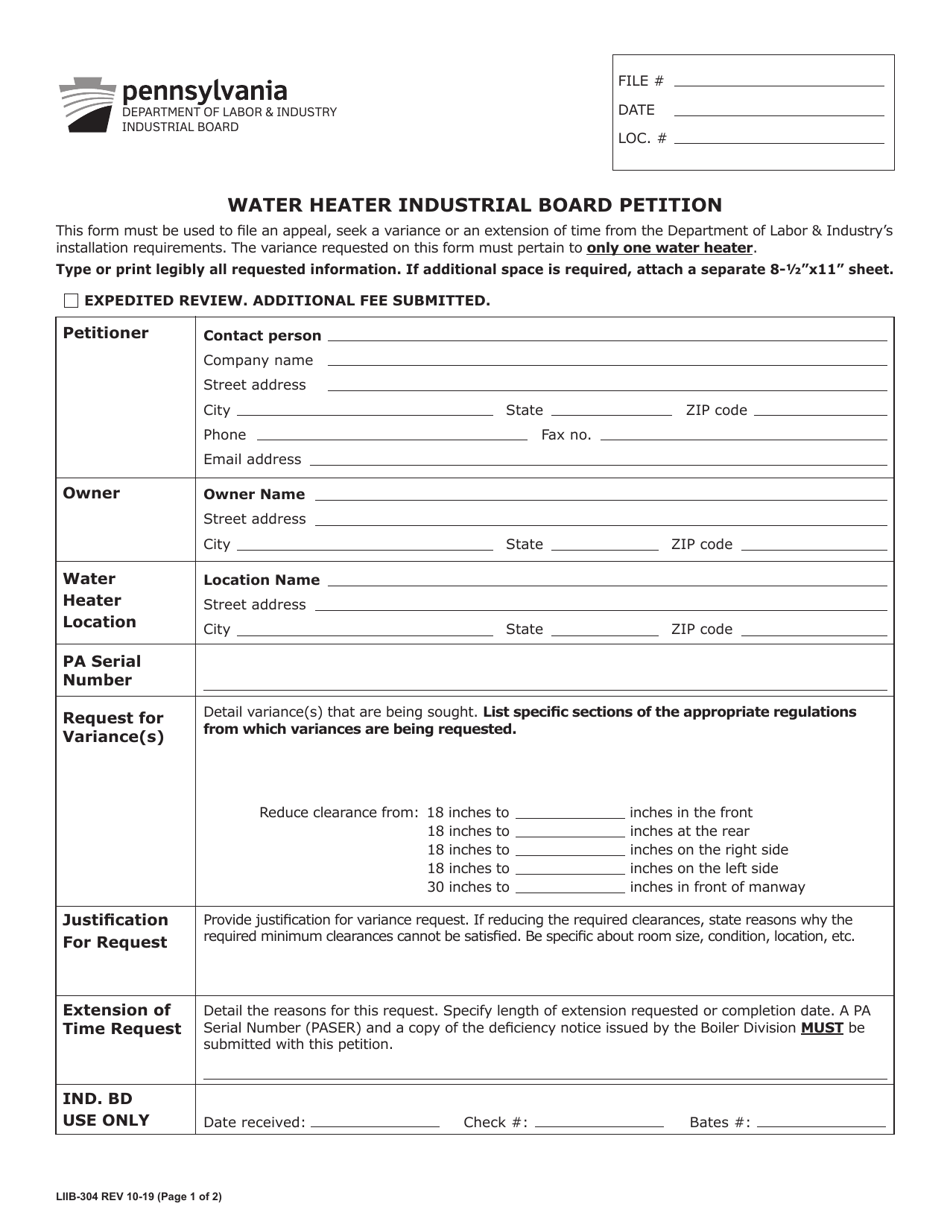 Form LIIB-304 Water Heater Industrial Board Petition - Pennsylvania, Page 1
