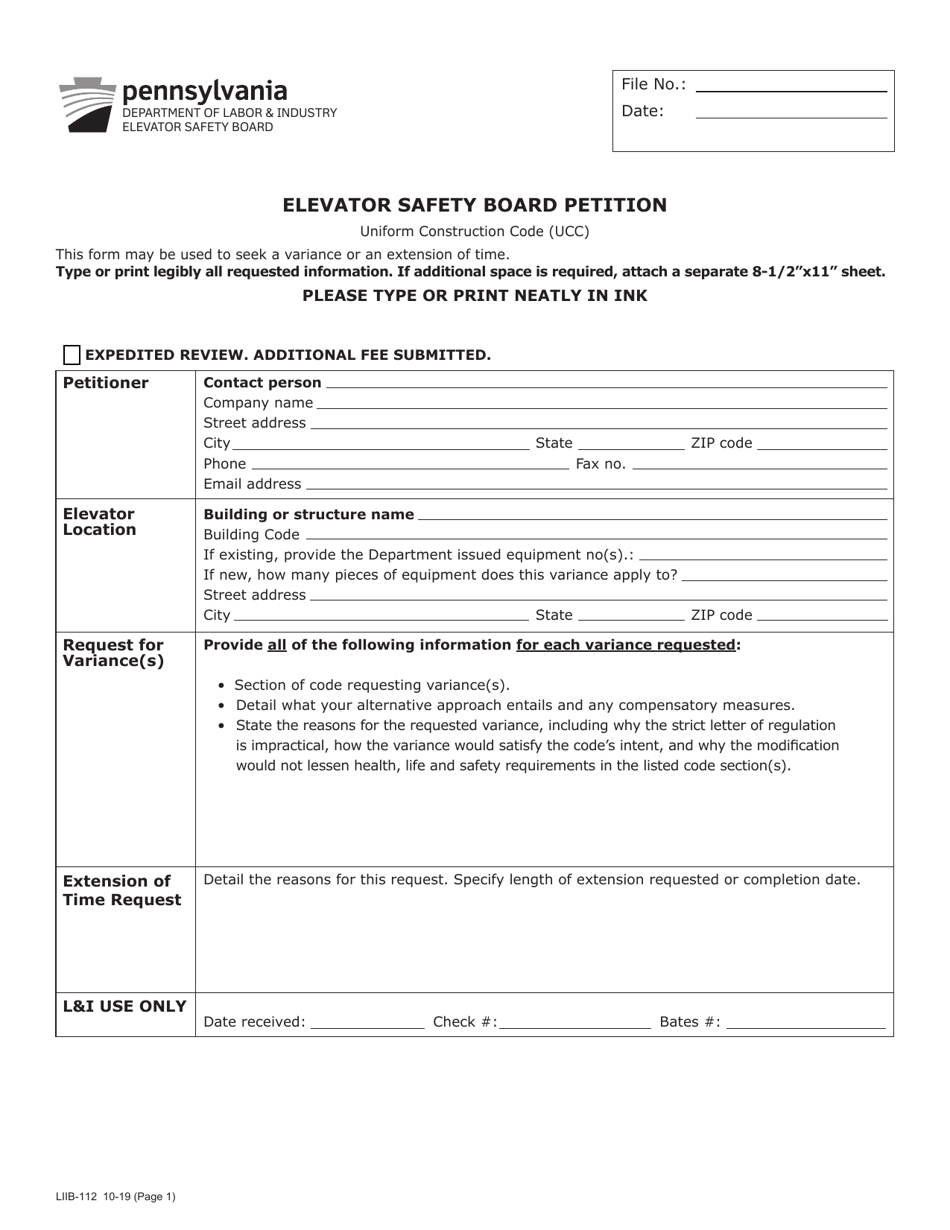 Form LIIB-112 Elevator Safety Board Petition - Pennsylvania, Page 1