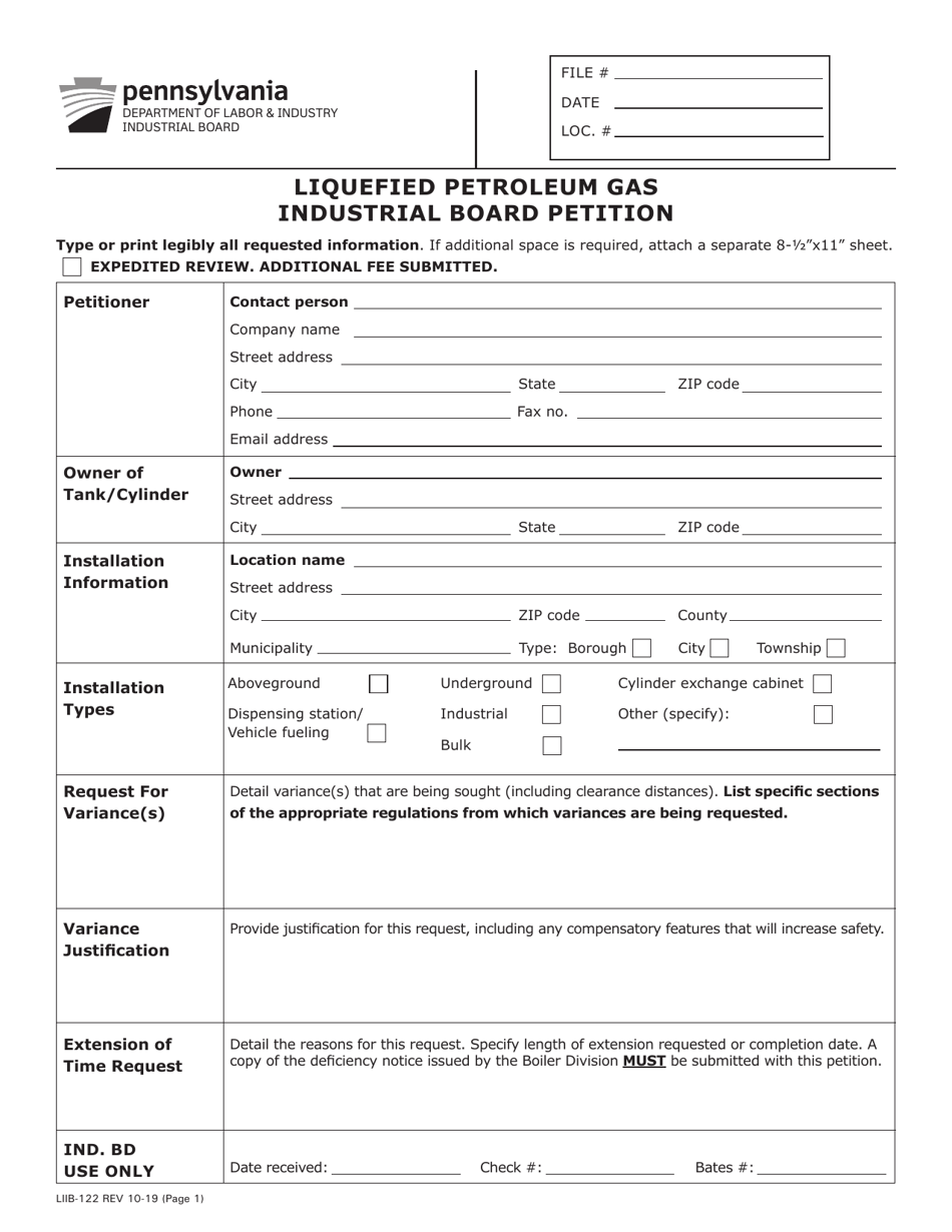 Form LIIB-122 Liquefied Petroleum Gas Industrial Board Petition - Pennsylvania, Page 1
